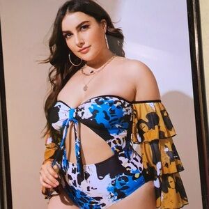 Blue and Black Abstract one piece swim set-3xL